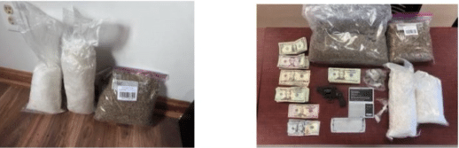 drugs in a bag along with cash and a gun