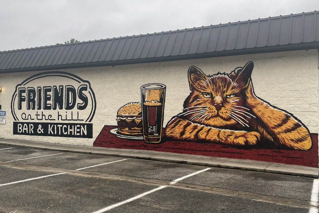Mural behind of building of a cat, a cheeseburger and drink with Friends on the Hill logo.