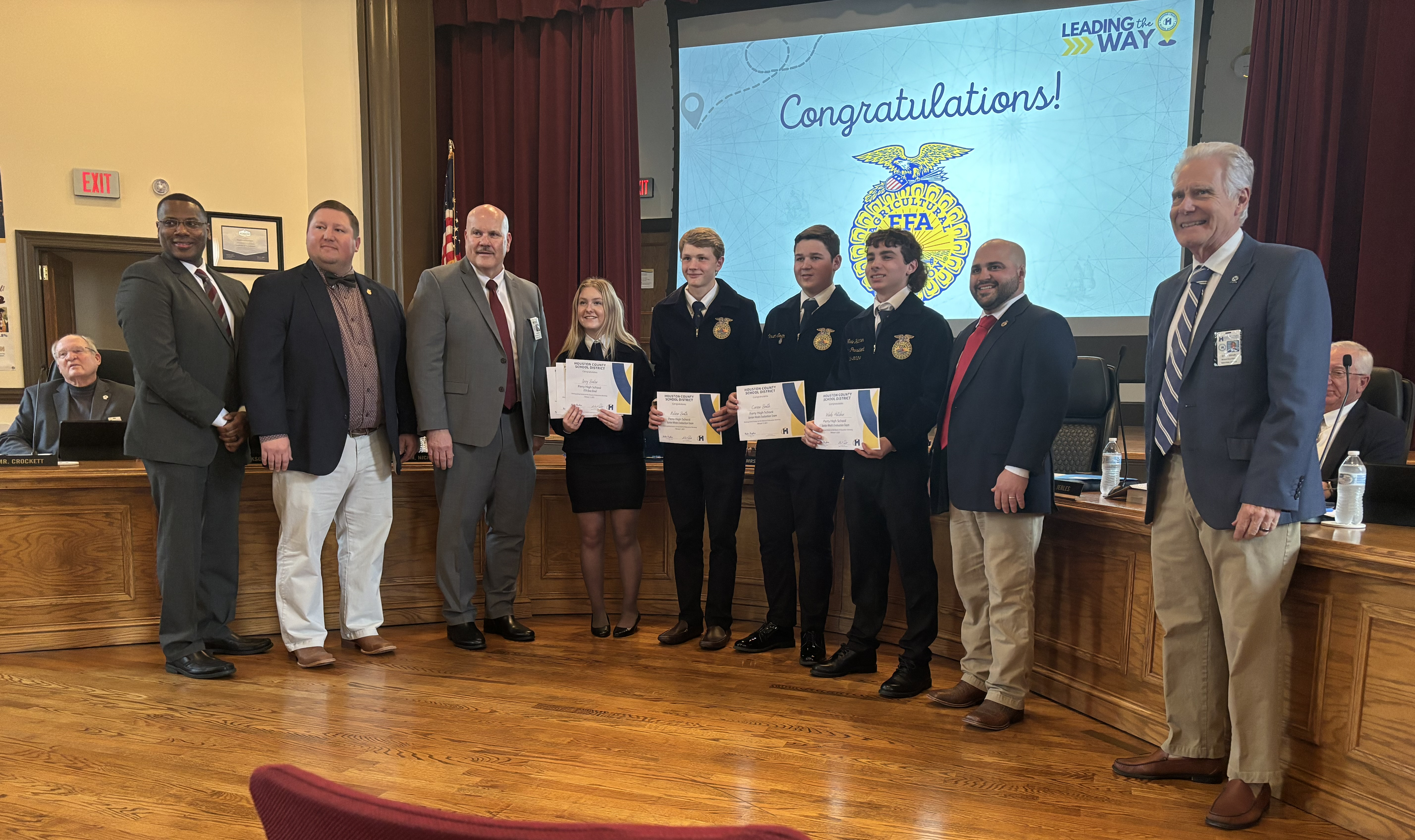 group of FFA state champions along with the Board and Perry administrators