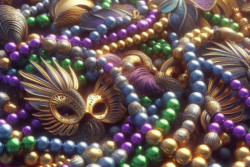 A mask with purple and green beads surrounding it.