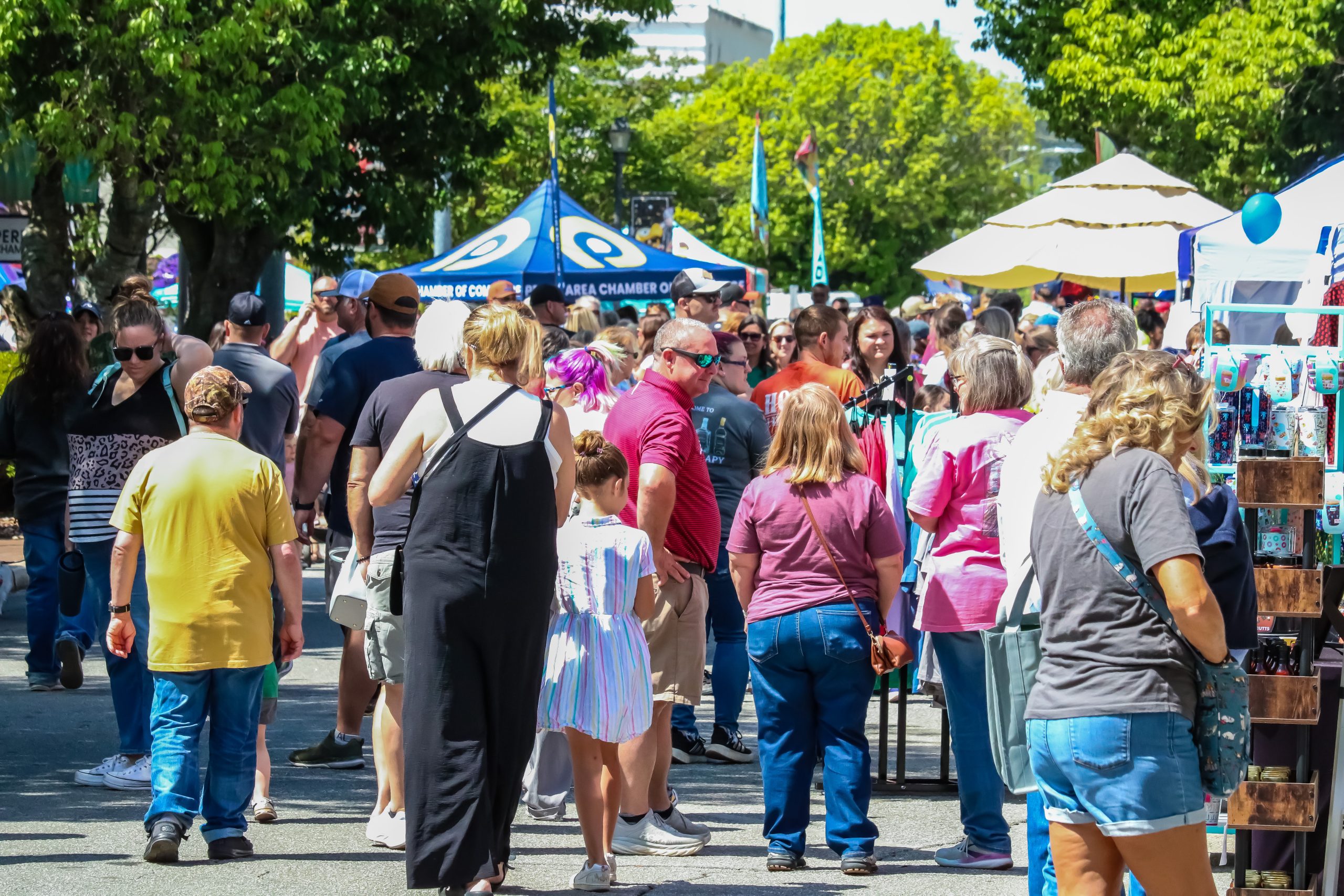 A crowd of people walks through a busy outdoor street fair lined with vendor booths and tents on a sunny day.