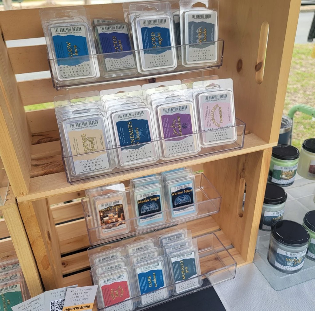 Various wax melts against a crate.