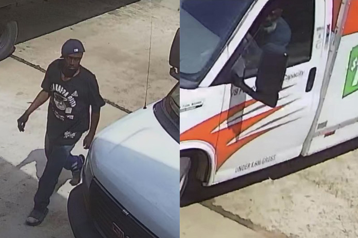On the left, an African-American male is wearing a black shirt and hat. On the right, an African American male is sitting in a UHaul truck.