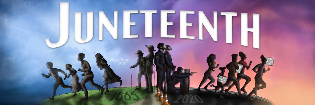 An artwork with the letters "Juneteenth" written in white letters. Below are black figures running in opposite directions.