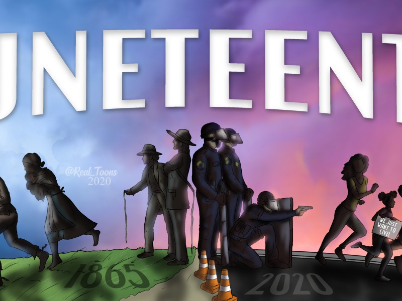 An artwork with the letters "Juneteenth" written in white letters. Below are black figures running in opposite directions.