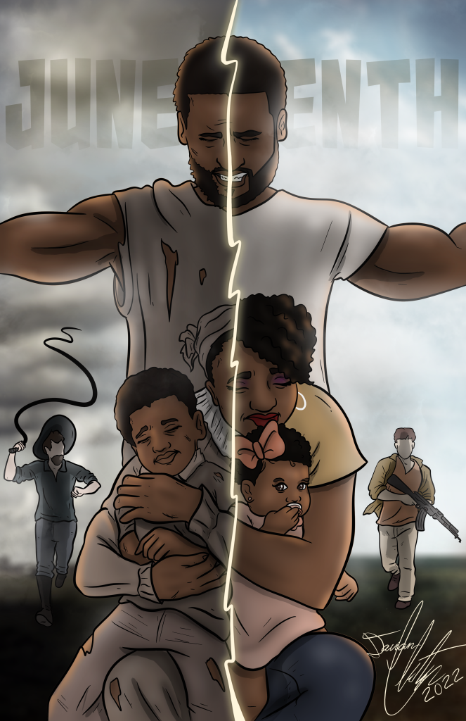 An artwork split in half symbolizing past and present struggles the black community has overcome.