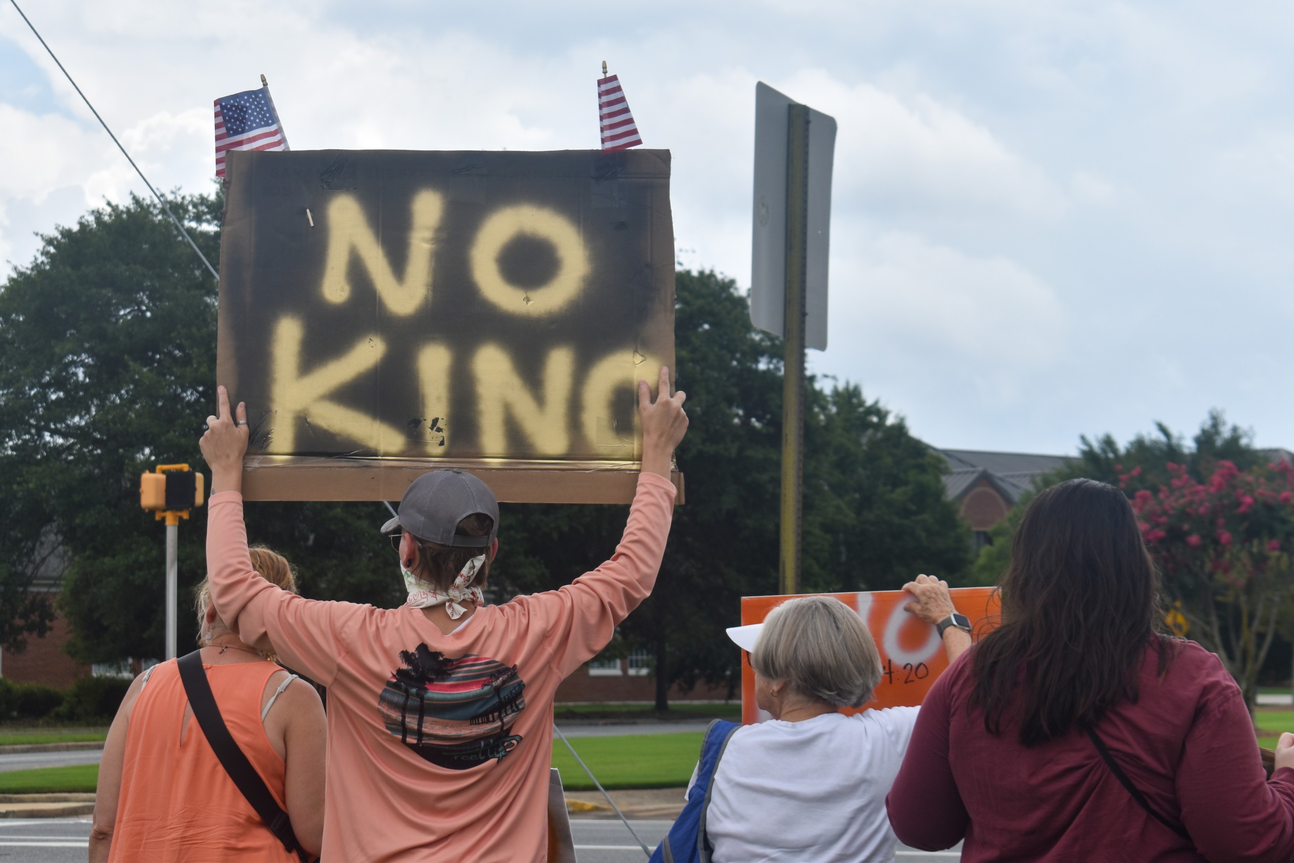 A man facing away from the camera holding a "No King" sign.