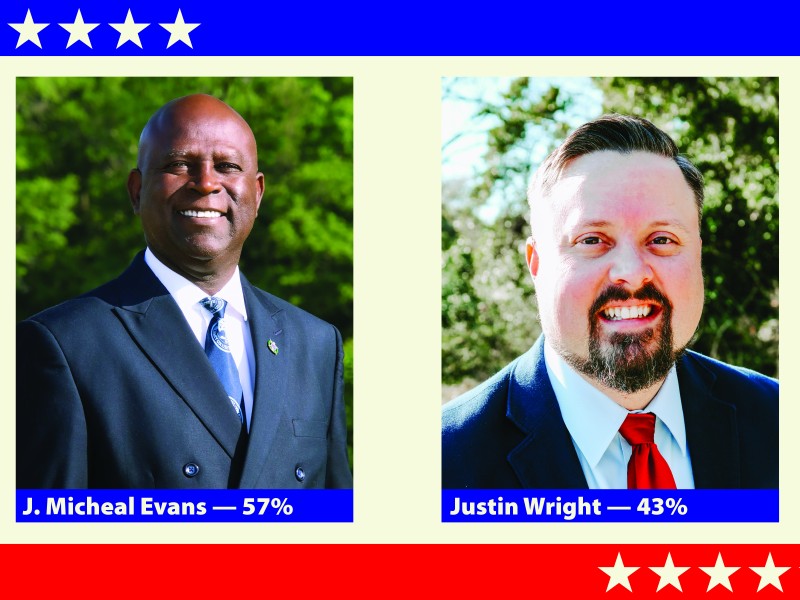 Photos of two men with their names underneath. Their is a beige background. A blue heading with beige stars is on top and on the bottom, a red heading and beige stars.