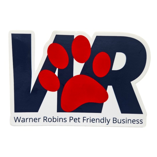 A logo with letters WR in blue. There is a red paw over the letters. On the bottom, it says "Warner Robins Pet Friendly Business" in blue letters.