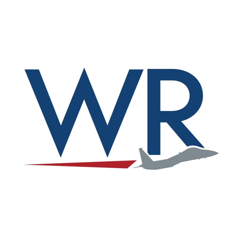 A WR in blue letters. Below is a red streak with a gray plane taking flight.