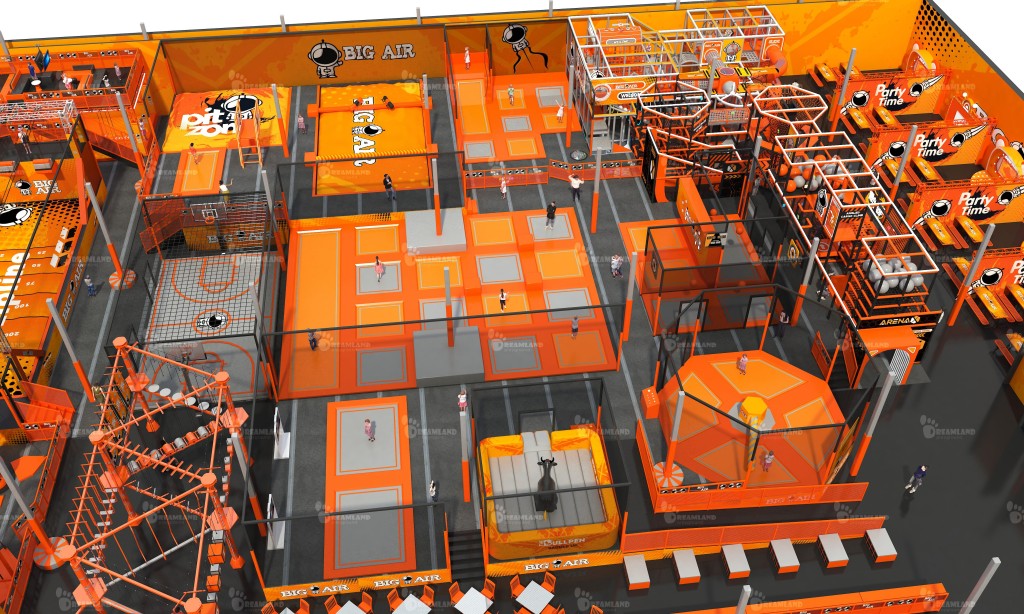 A view of the future Big Air Trampoline Park. There are various orange floors.