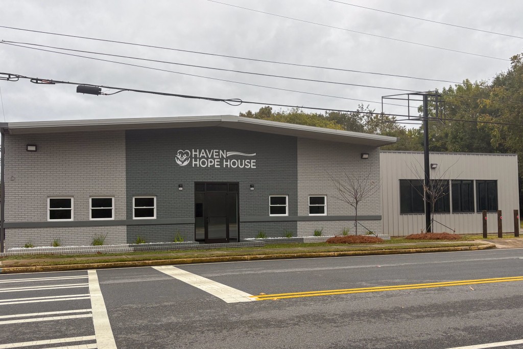 A gray brick building.