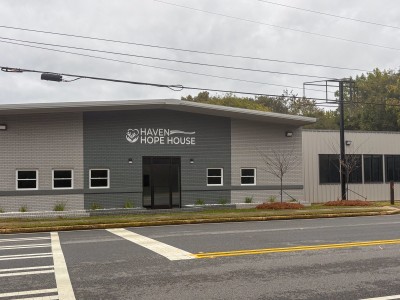 A gray brick building.