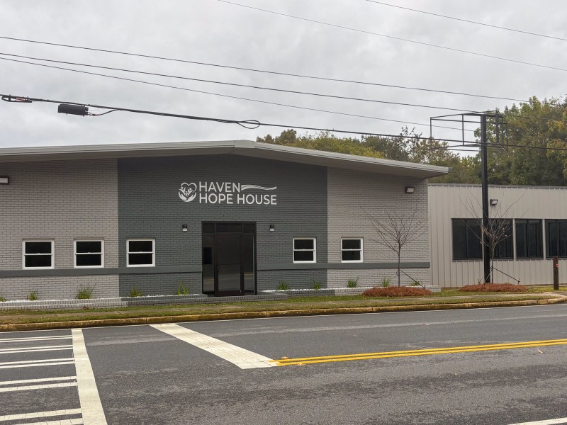 A gray brick building.