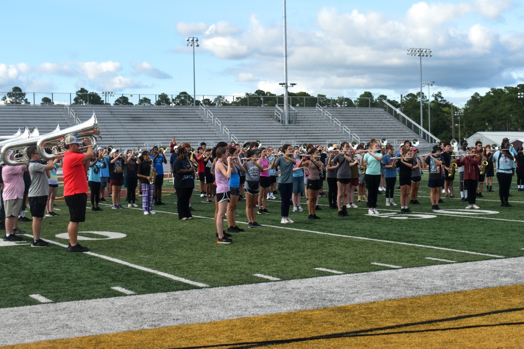 A field with people performing. They are holding instruments.