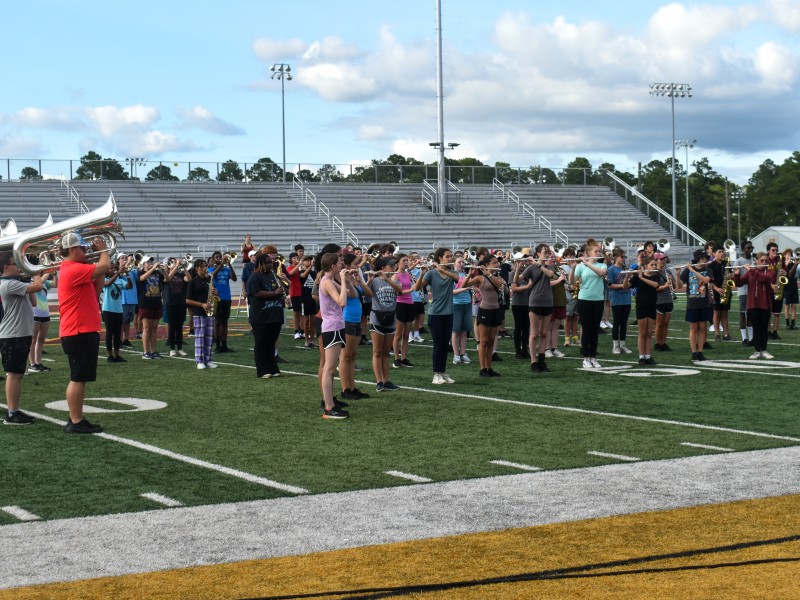A field with people performing. They are holding instruments.
