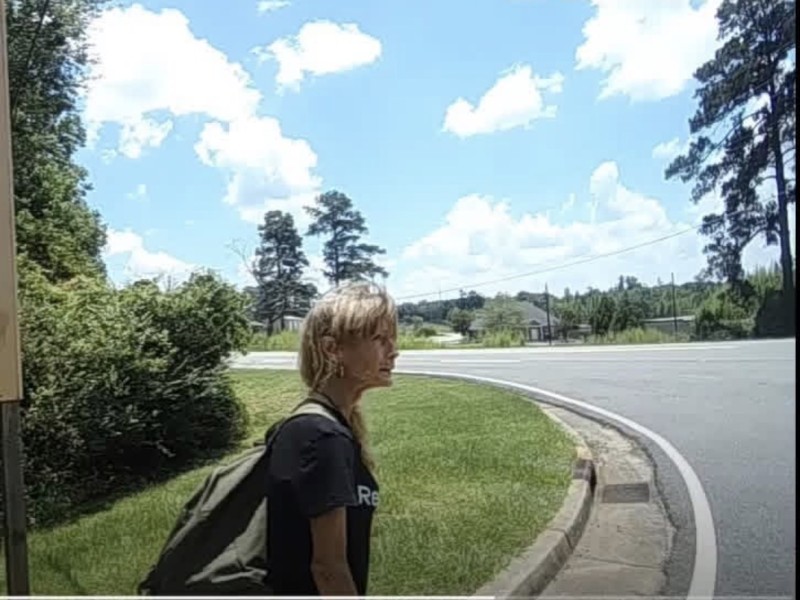 A blurry photo of a woman. She is wearing a black shirt and her hair is in a low ponytail